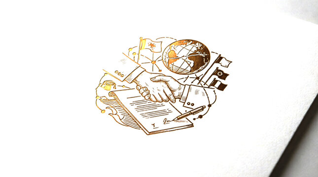 Elegant Gold Illustration of International Trade Agreement and Global Partnership