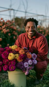 Man posing with large bouquet in flower field at dusk