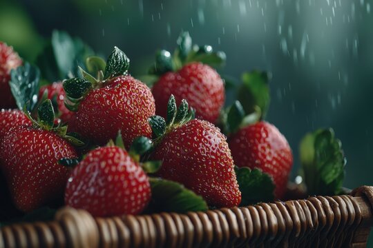 Fresh strawberry basket under rain, close up of ripe red fruit with green leaf