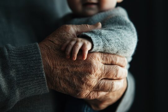 Elderly hand holding baby in close up with tender family bond and soft light