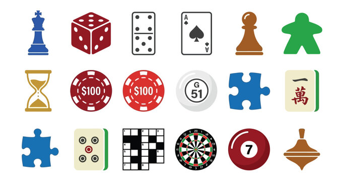 Collection of diverse game pieces and tokens including chess figures dice dominoes playing cards hourglass chips bingo puzzles mahjong tiles crossword dartboard billiard ball and spinning top