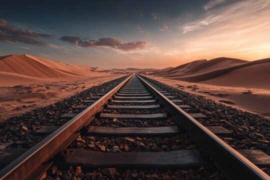 Desert railway track crossing sand dune at sunset with dramatic sky and vanishing point in arid landscape