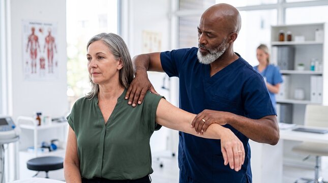 physical therapy shoulder mobility black therapist patient rehabilitation woman senior A male clinician tests arm movement with a woman for recovery assessment strength and inclusive healthcare