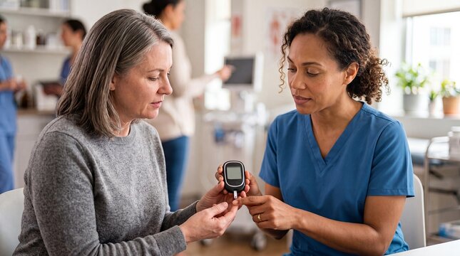 nurse diabetes glucose meter patient woman training healthcare monitoring education A caregiver teaches a middle aged adult to check blood sugar at home for self management confidence and chronic care
