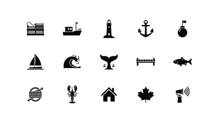 Maritime and coastal life icon set with showcases stylized collection 15 black white icons representing coastal themes grid based layout modern flat design aesthetic © Sourabh