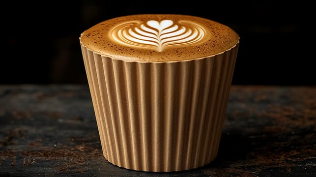 Latte art in compostable cup, dark background, cafe