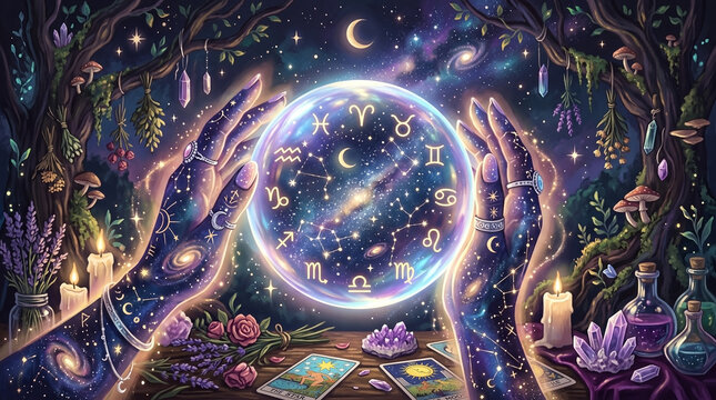Enchanting mystical illustration of cosmic starry hands holding a glowing zodiac crystal ball on a witchy forest altar with tarot cards, herbs, and candles. Ideal for astrology, tarot, and esoteric ar