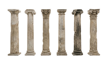 Obraz premium Set of six old stone roman pillars isolated on transparent background