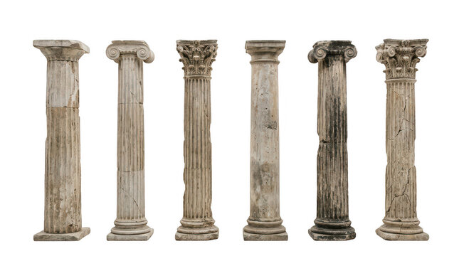 Set of six old stone roman pillars isolated on transparent background