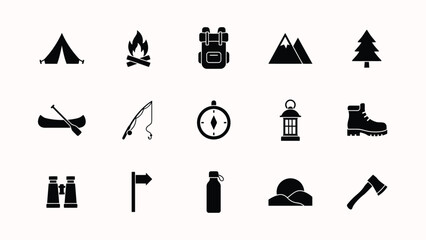 Minimalist outdoor adventure icon set with monochromatic collection twelve stylized icons representing essential tools themes outdoor adventures © Sourabh