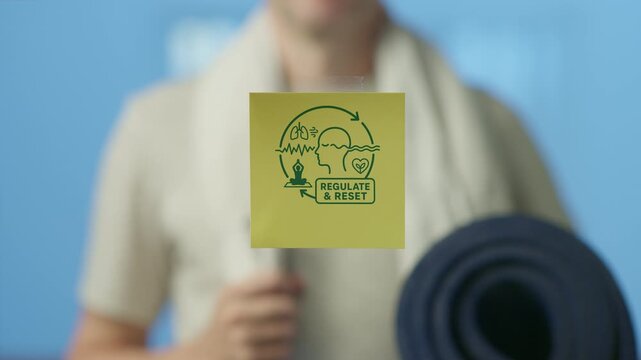 Neurowellness professional holding a yoga mat and showing a card with mental health icons, illustrating the connection between body, mind, breath, and emotional regulation for a holistic reset