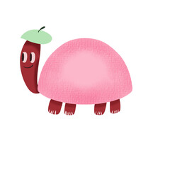 Cute cartoon turtle with a pink shell and smiling face, isolated on a transparent background. Perfect for children's books, educational materials, nursery decorations, greeting cards, stickers, poster