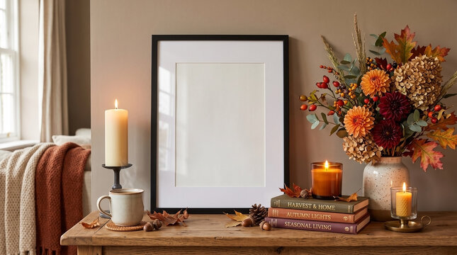 Vertical black frame mockup on a wooden table beside a rich autumn floral bouquet, lit candles, books, and a mug of coffee. Perfect for cozy seasonal art and poster mockups.mockup, frame, poster, canv
