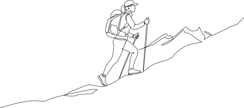 continuous line drawing of female hiker walking uphill with a backpack and trekking poles in mountain landscape. Minimalist vector illustration of outdoor adventure, trekking, and active lifestyle