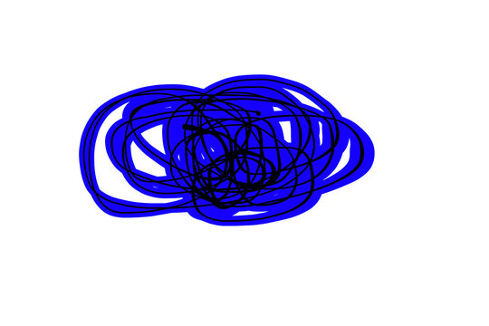 Blue tangled scribble mess with black core circular loops creating abstract cloud shape isolated on transparent background texture.
