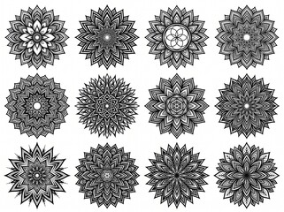 Obraz premium Set of complex round mandala geometric designs and spiritual decorative ornaments with geometric ornament meditation symmetrical intricate decoration