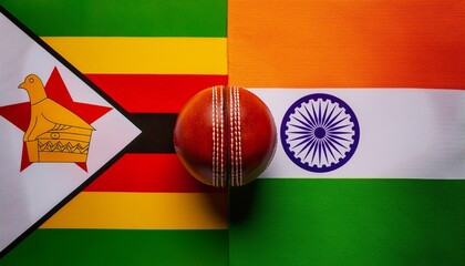 Obraz premium red cricket ball between Zimbabwe flag and India flag