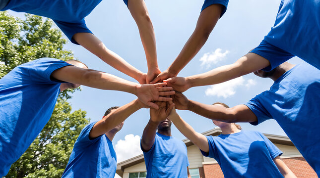 Low angle view of diverse group of young volunteers stacking hands in unity huddle wearing blue t shirts outdoor under a bright sky next to a community center building