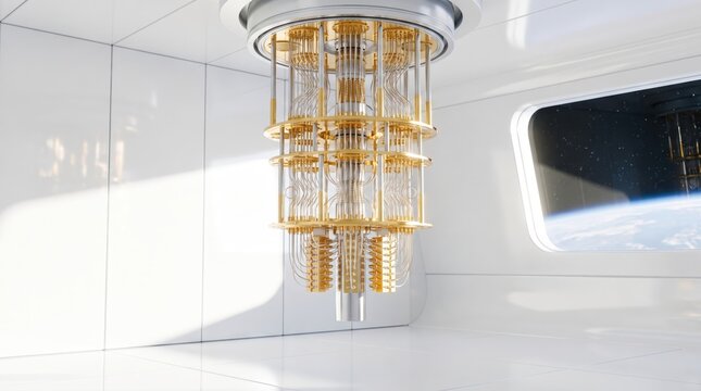 Orbital lab quantum computer core in clean room with Earth view window
