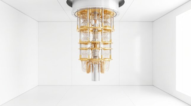 Symmetrical golden quantum computer core in futuristic orbital research lab