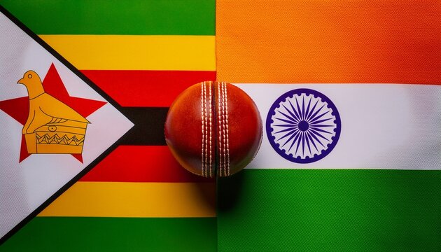 red cricket ball between Zimbabwe flag and India flag