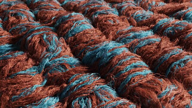 Chaotic Woven Brown and Blue Thread Layers Forming a Complex 3D Macro Textile Texture