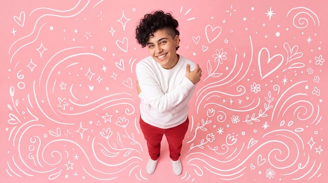 happy person self love confidence pink hearts doodles acceptance wellness Young adult smiles and hugs themself amid floral graphics conveying self care optimism and inclusive wellbeing campaigns