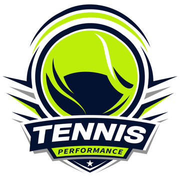 Dynamic Vector Sports Emblem featuring a neon yellow-green Tennis ball within a navy and grey shield banner with the text TENNIS PERFORMANCE.