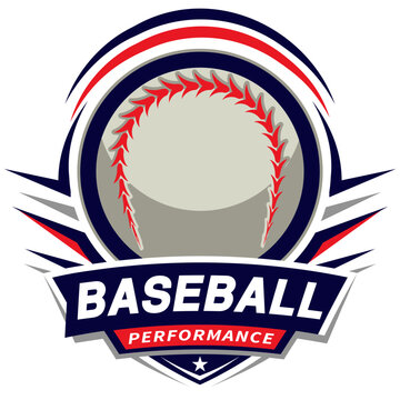 Dynamic Vector Sports Emblem featuring a detailed Baseball with red stitching and a shield-style banner with the text BASEBALL PERFORMANCE.