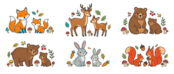Cute Forest Animals Family Scenes Hand Drawn Style © Kardus