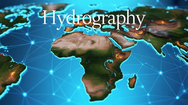 Hydrography map with glowing blue network lines connecting continents ocean water study mapping global research background
