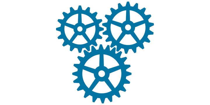 Three blue interlocking gears cogwheels machinery mechanics working together concept isolated on transparent background