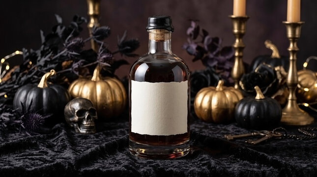 A dark moody Halloween packaging mockup with a glass bottle and blank paper label on black velvet, surrounded by golden pumpkins, skull, keys, and candle flame. Great for potion and spirit branding.