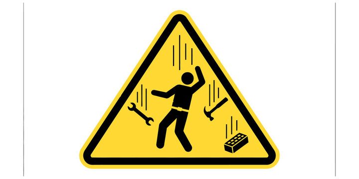 Yellow triangular warning sign of falling objects and safety hazard isolated on transparent background