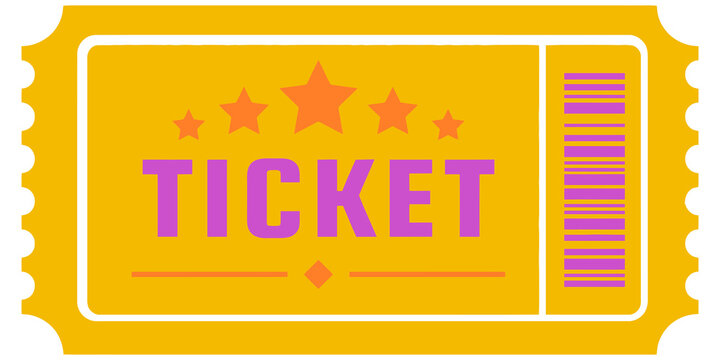 Yellow admission ticket with purple text and stars for cinema or event entry isolated on transparent background
