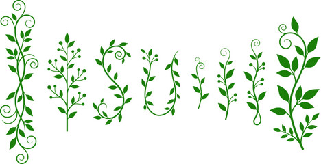 Collection of decorative green vine silhouettes branches leaves and floral swirl ornaments for elegant vector graphic design © Mukti