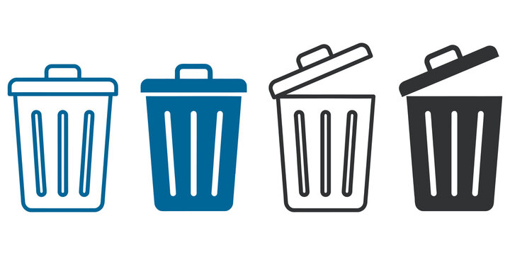 Set of blue and grey trash can and recycle bin icons isolated on transparent background