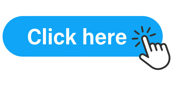Blue click here web button icon with hand cursor isolated on transparent background