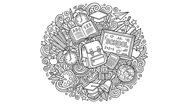 Educational back to school doodle illustration with stationery supplies and academic symbols arranged in a circular composition