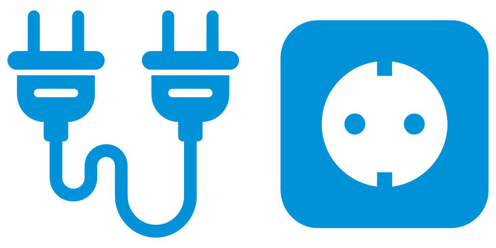 Blue electric power cord dual plug with wall socket outlet icon set isolated on transparent background