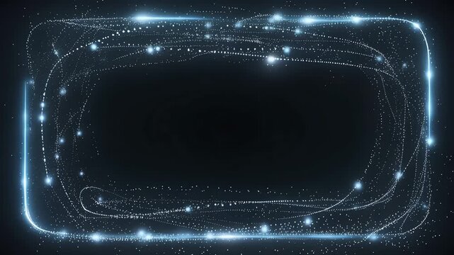 Rectangular frame created by tiny glowing particles orbiting along invisible edges