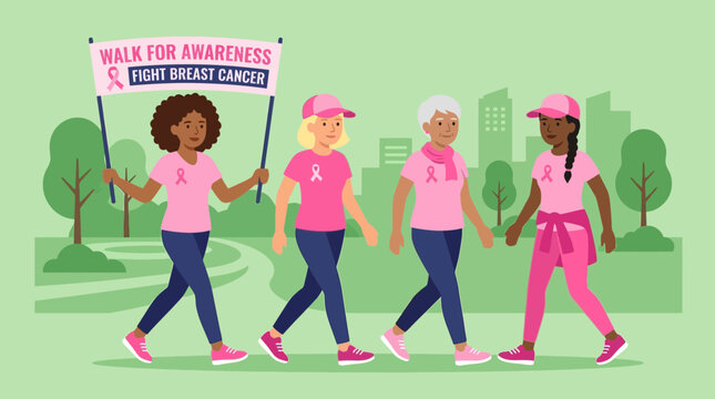 Diverse Group of Women Walking for Breast Cancer Awareness Campaign