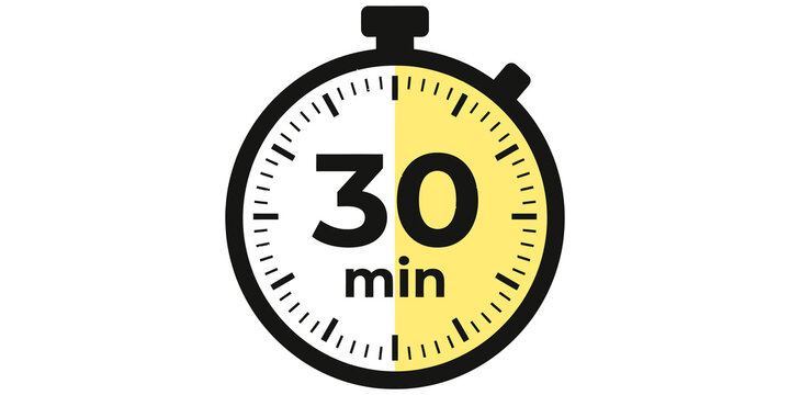 Stopwatch icon with thirty minutes countdown timer isolated on transparent background