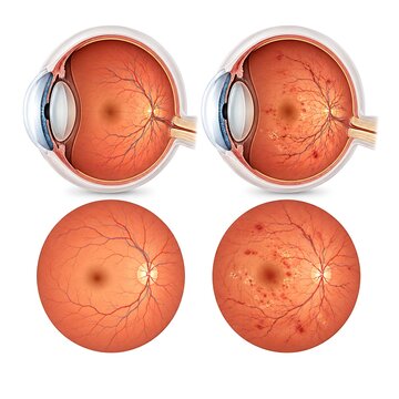 Detailed medical illustration showing healthy eye versus diseased diabetic retina