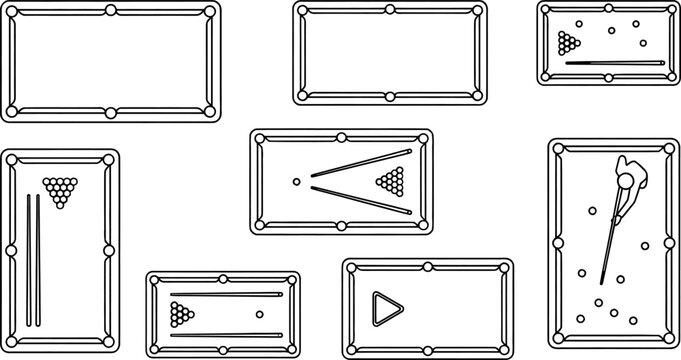 Collection of top view billiard and pool table line art vector illustrations with cues balls and player