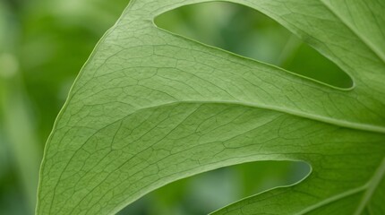 Obraz premium Macro close-up of monstera leaf texture showing intricate veins and natural patterns in bright green tropical plant foliage