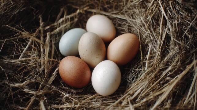 several eggs resting on dry hay, close-up from slightly top angle, natural farm environment, soft shadows