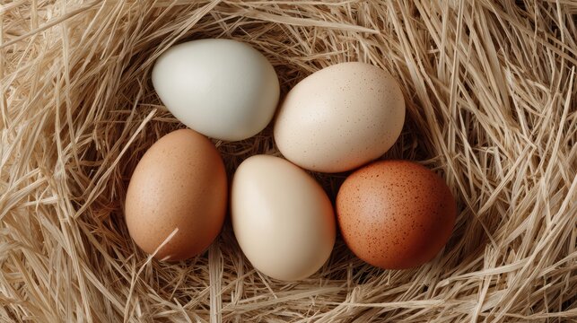 several eggs resting on dry hay, close-up from slightly top angle, natural farm environment, soft shadows