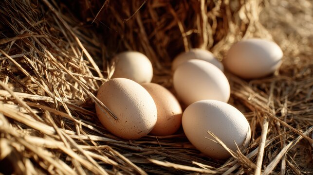 several eggs resting on dry hay, close-up from slightly top angle, natural farm environment, soft shadows