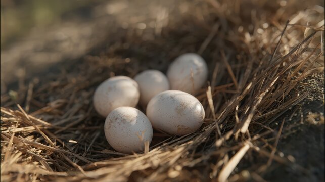 several eggs resting on dry hay, close-up from slightly top angle, natural farm environment, soft shadows